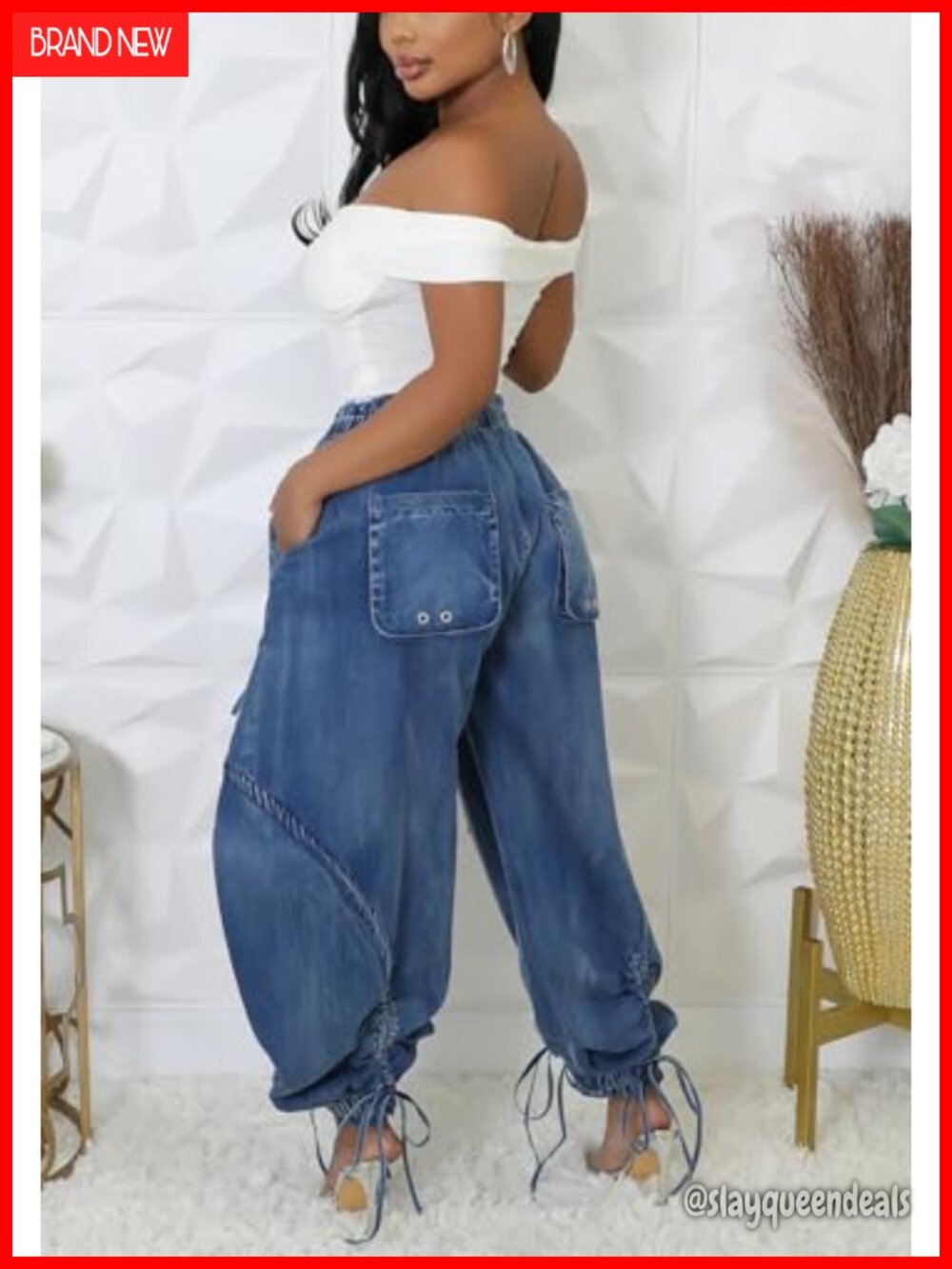 High Waisted Baggy Cargo Jogger Jeans Wide Leg Drawstring Pockets Loose Harem - Picture 6 of 7